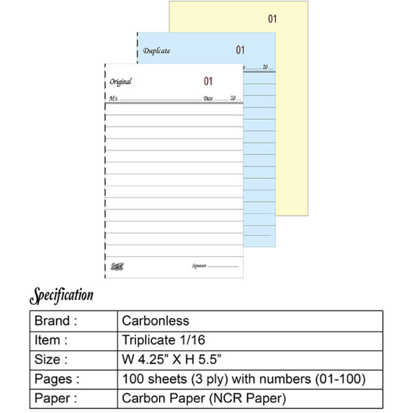 Carbon-less Triplicate Book 1/16